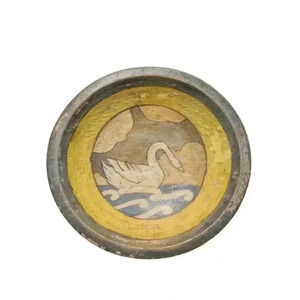 Vintage Munising Hand-Painted Wooden Bowl Swan Design Yellow 1950s
